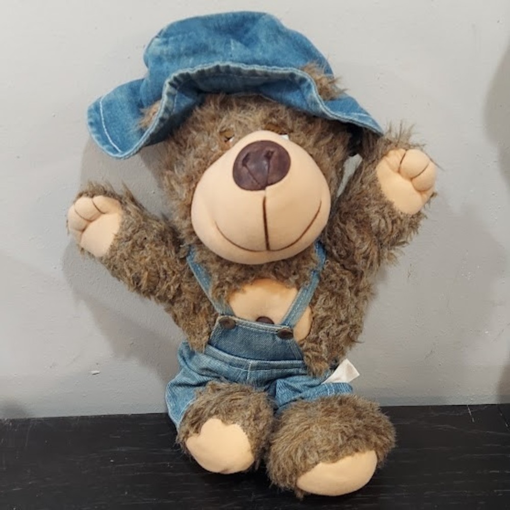 Vintage Superior Toy And Novelty Co Plush Country Bear Overalls Bucket
